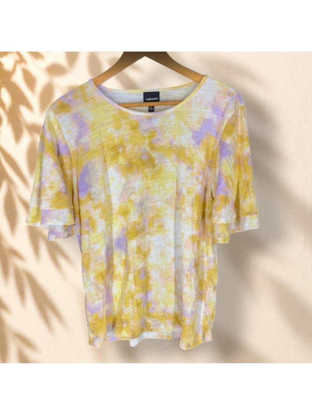 Wallpapher T-Shirt Women L Large Yellow Tie Dye Short Sleeve Round Neck Casual